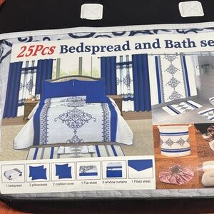 Blue and White Bedspread and Bath Set